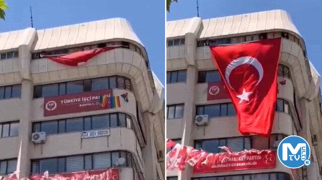 Konya’da bir grup genç LGBT paçavralarının sergilendiği binaya Türk bayrağı astı